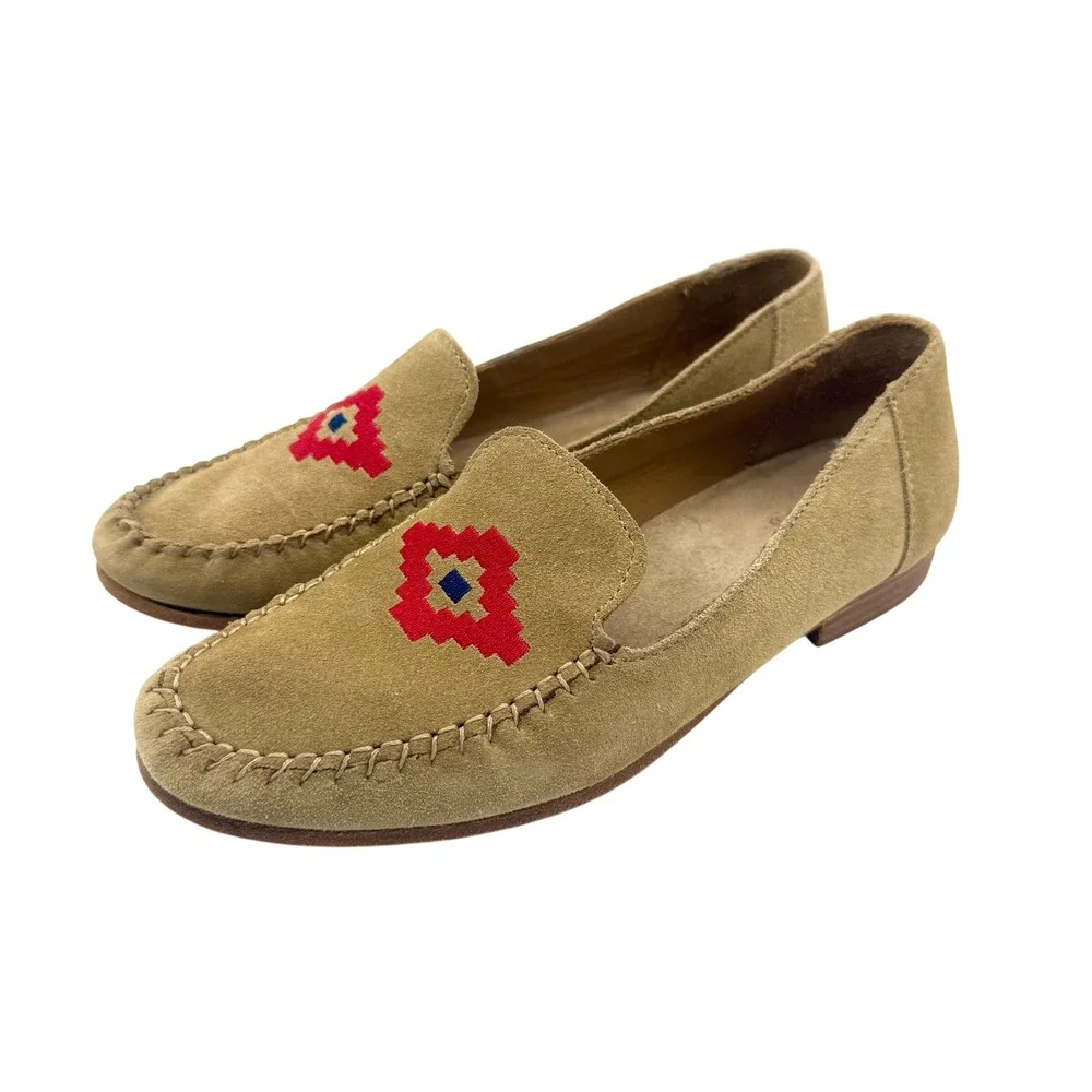 Soludos Tan Suede Smoking Loafers Size 8 Red Embroidered Slip On Flats